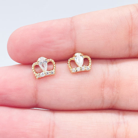 18k Gold Layered Small Crown Cubic Zirconia Stud Earrings Dainty Jewelry