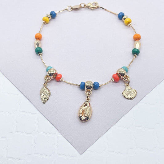 18k Gold Layered Colorful Bead Bracelet Featuring Ocean Cowrie Shell Charms,