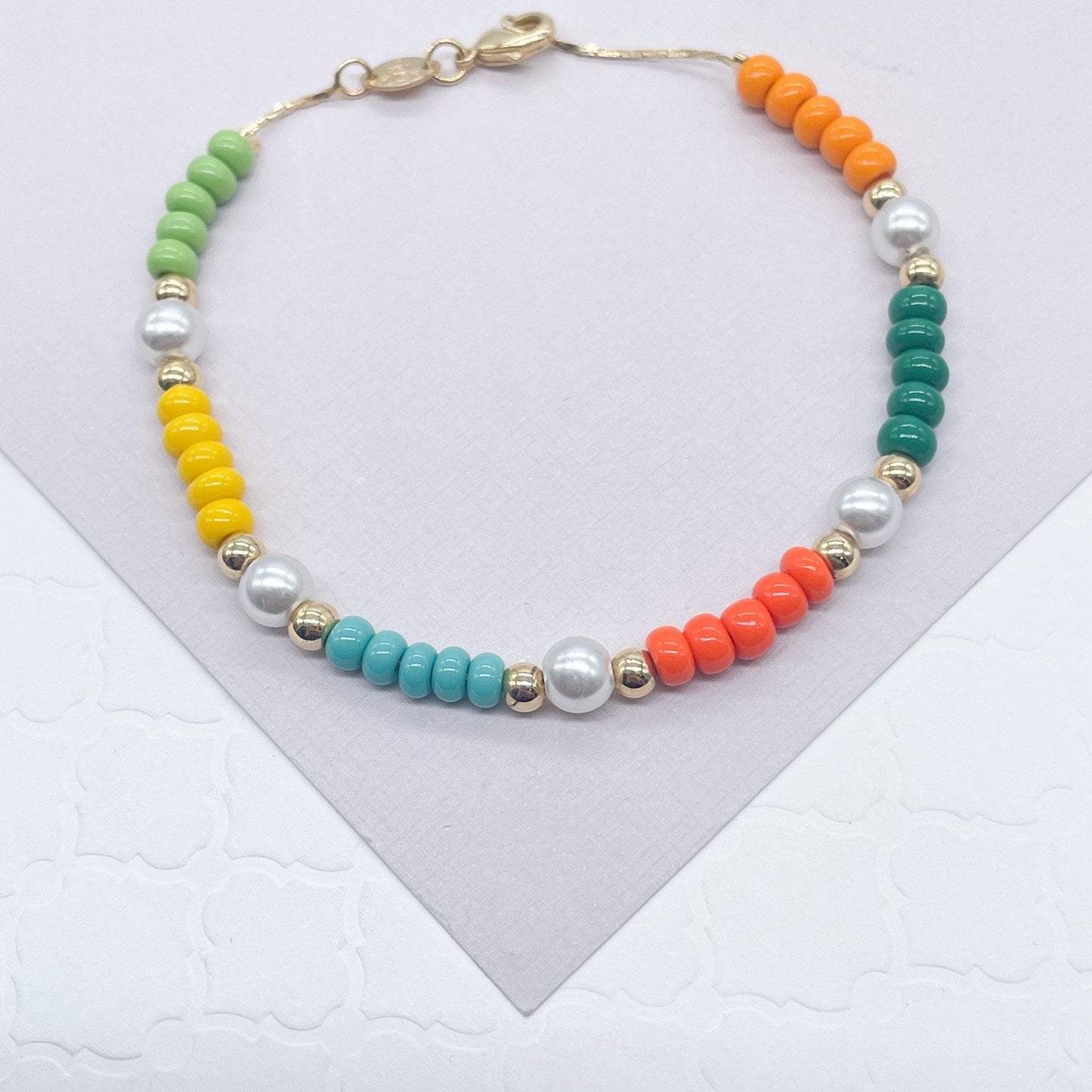 18k Gold Layered Colorful Bead And Pearl Bracelet, Stackable Color Bracelet,