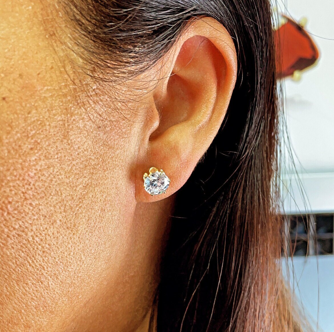 18k Gold Layered 8mm Cubic Zirconia Heart Stud Earrings