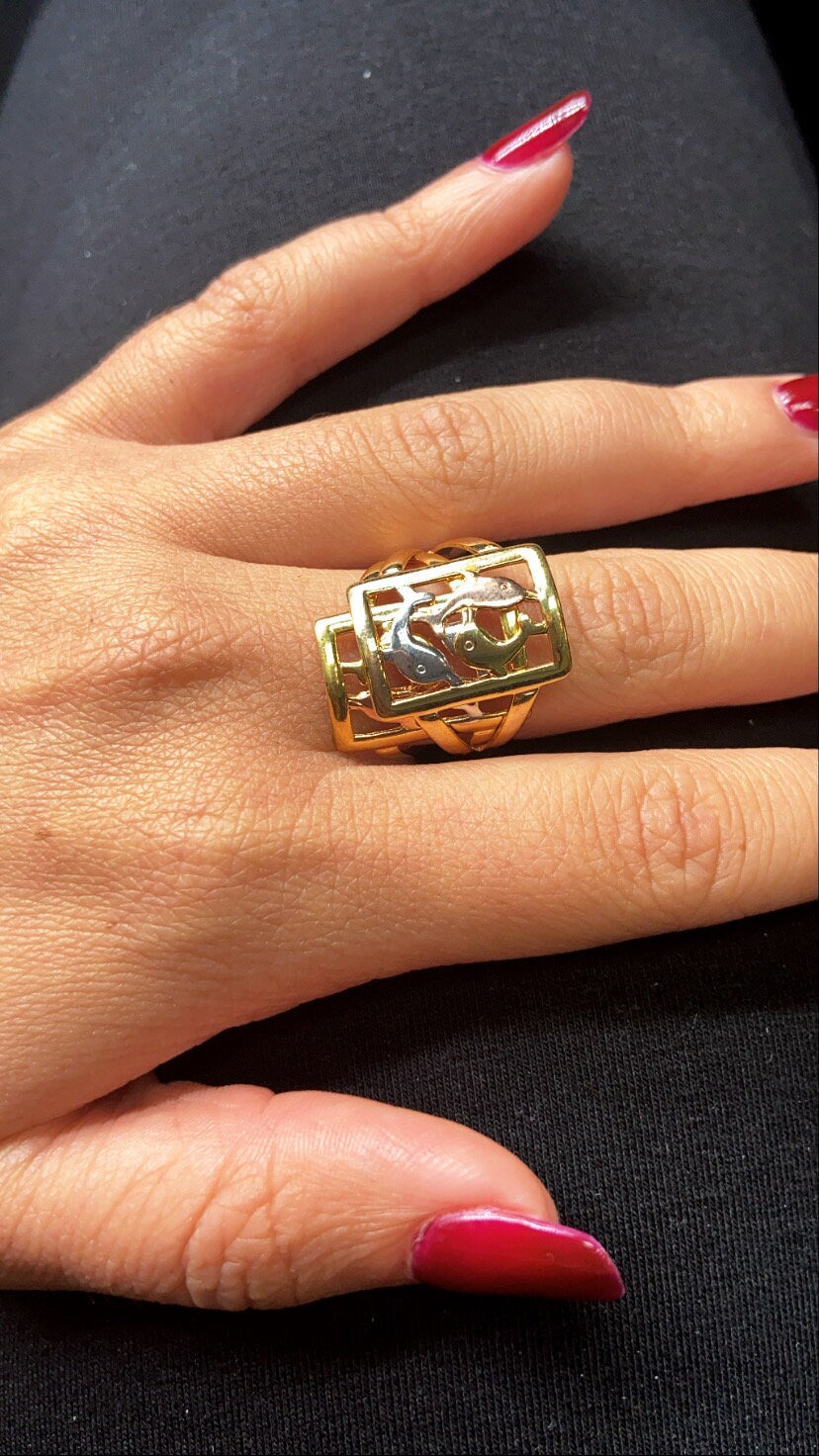 18k Gold Layered Ring With Tri-Colored Dolphins Hallowed Ring Tricolor Dolphins