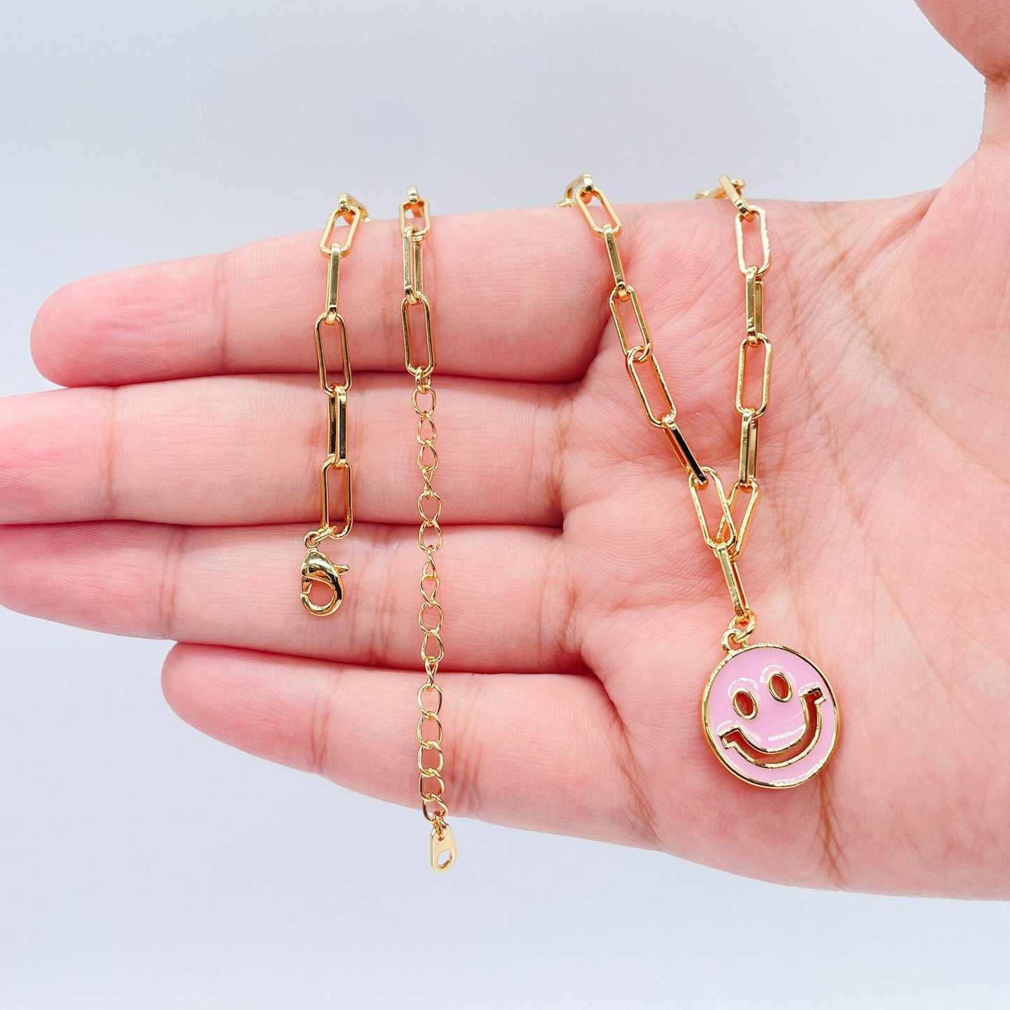 18k Gold Layered Colorful Smiling Face Set with Paper Clip Chain and Dangling