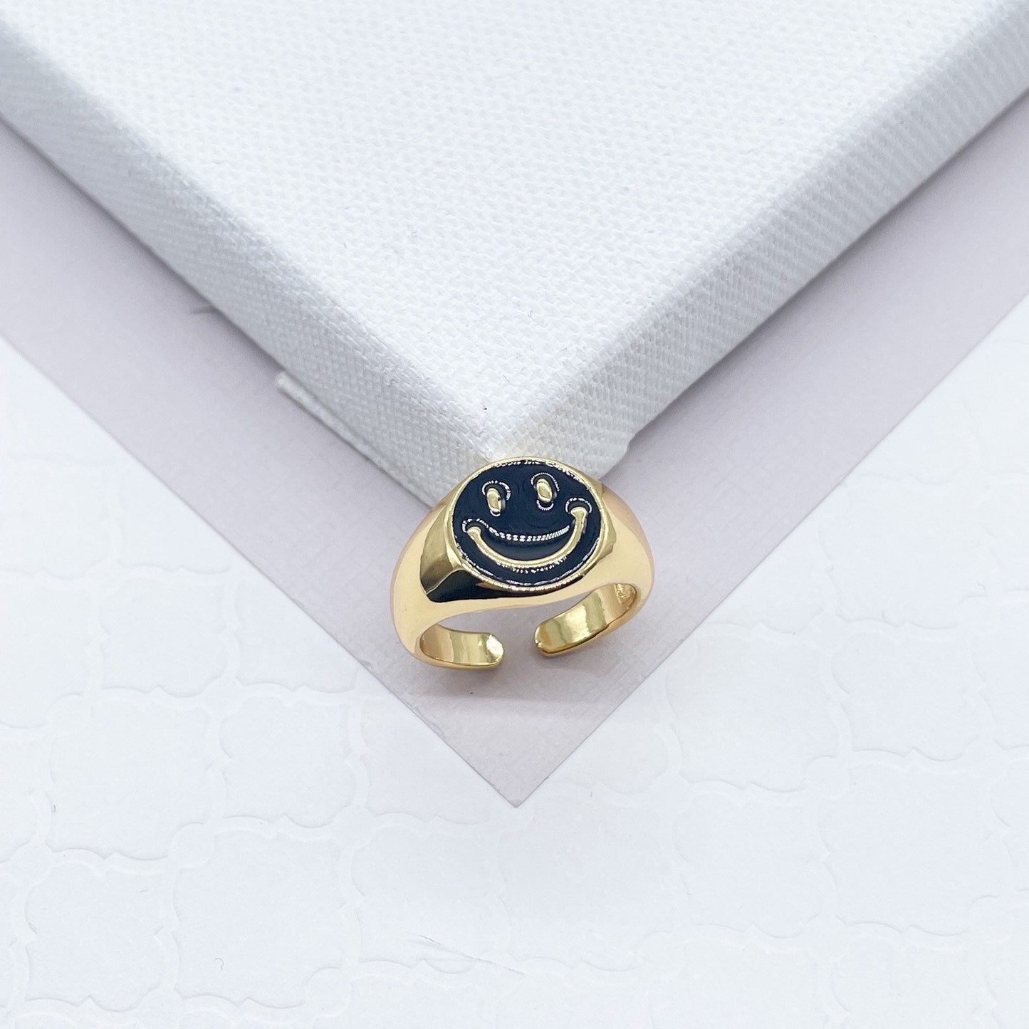 18k Gold Layered Adjustable Smiling Face Rings with Enamel Colors Adjustable