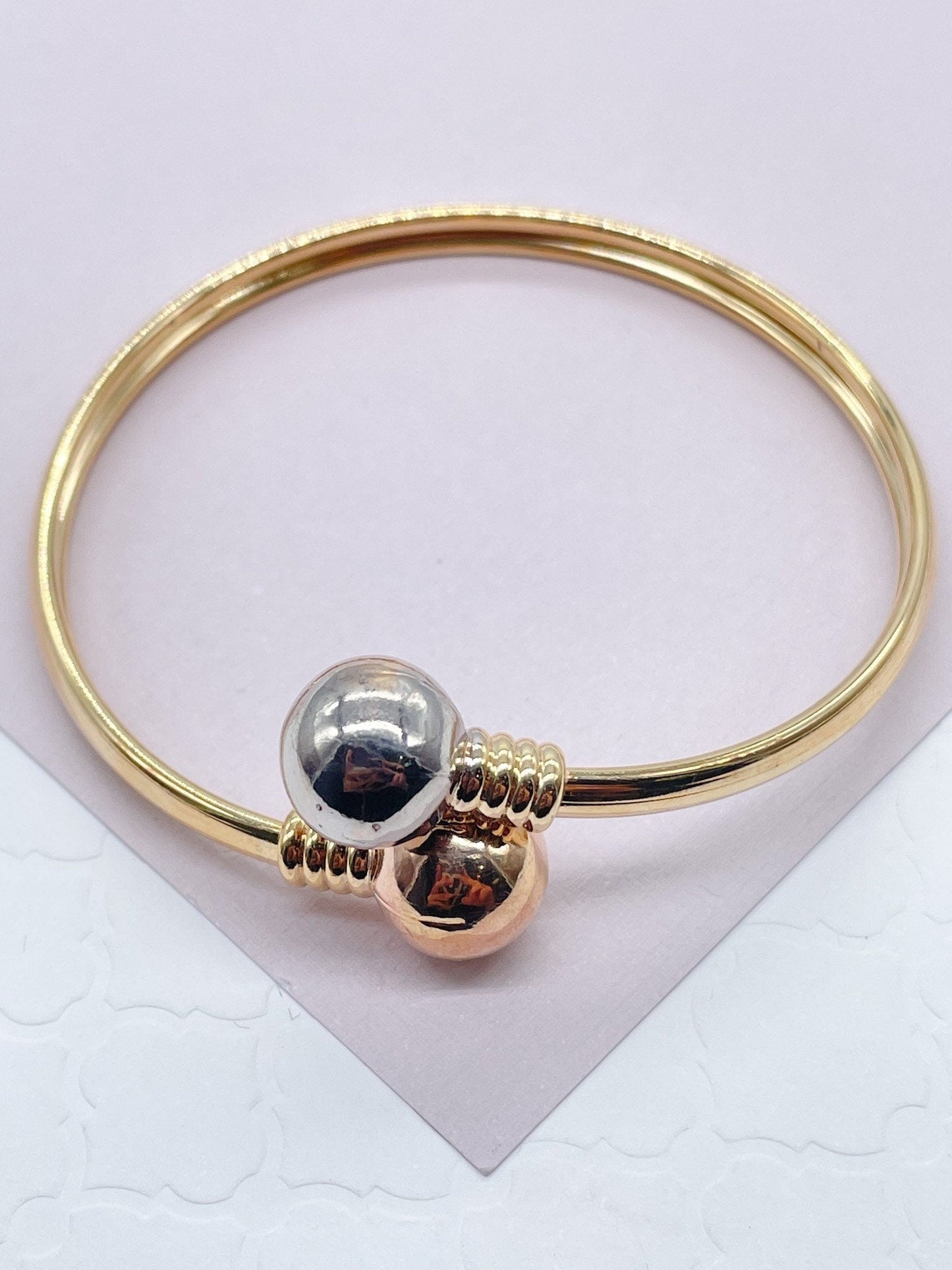 18k Gold Layered Two Ball Plain Tricolor Bangle Wholesale Bracelet Jewelry