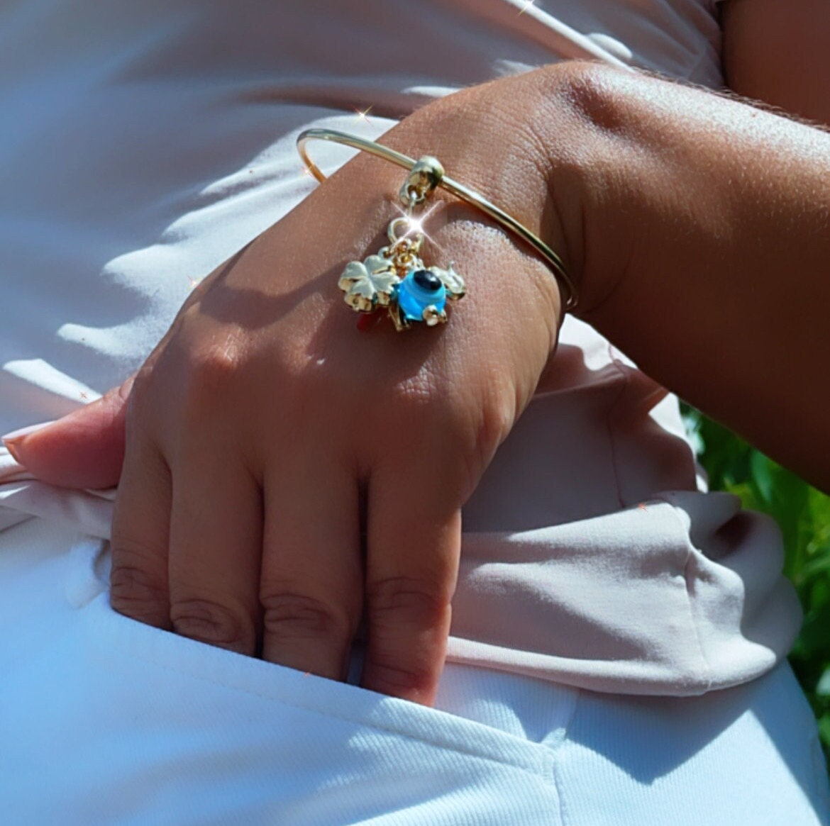 18k Gold Layered Bangle with Good Luck Charms, Evil Eye, Elephant, Clove Leaf &