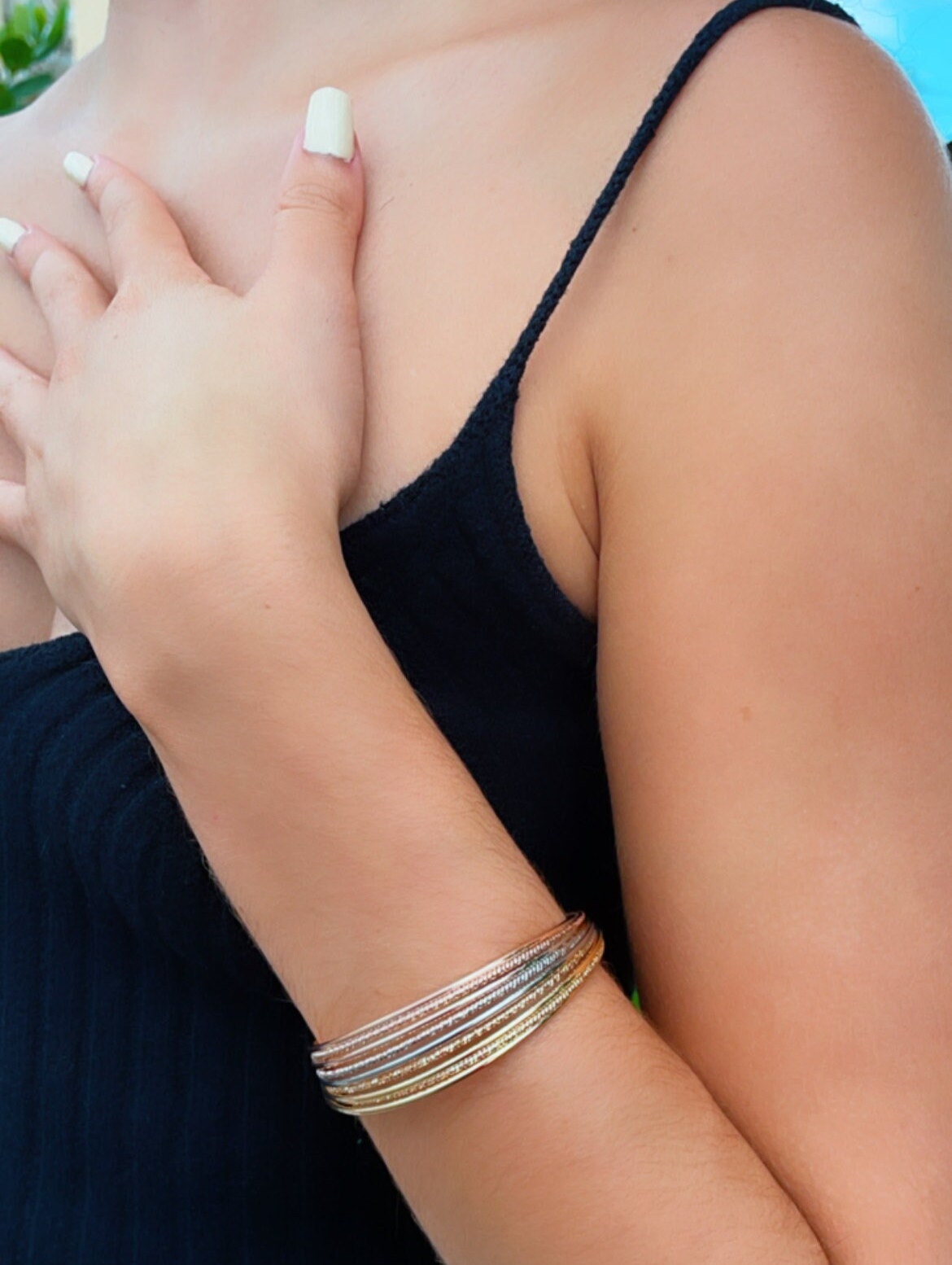18k Gold Layered Tri-Color Bangle with 9 Sparkly Bracelets in One