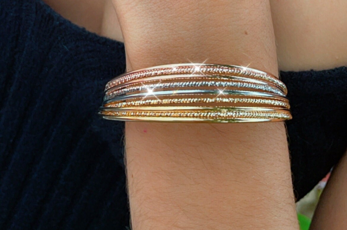 18k Gold Layered Tri-Color Bangle with 9 Sparkly Bracelets in One