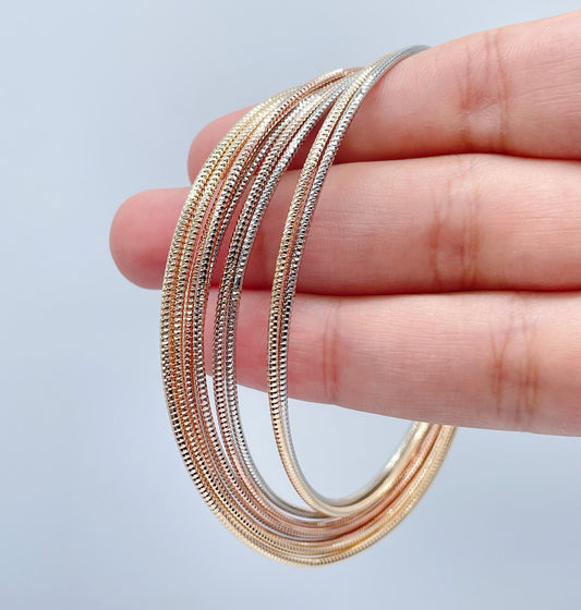 18k Gold Layered Rugged Tri-Colored Stacked Bangles Bracelet, Groove Style