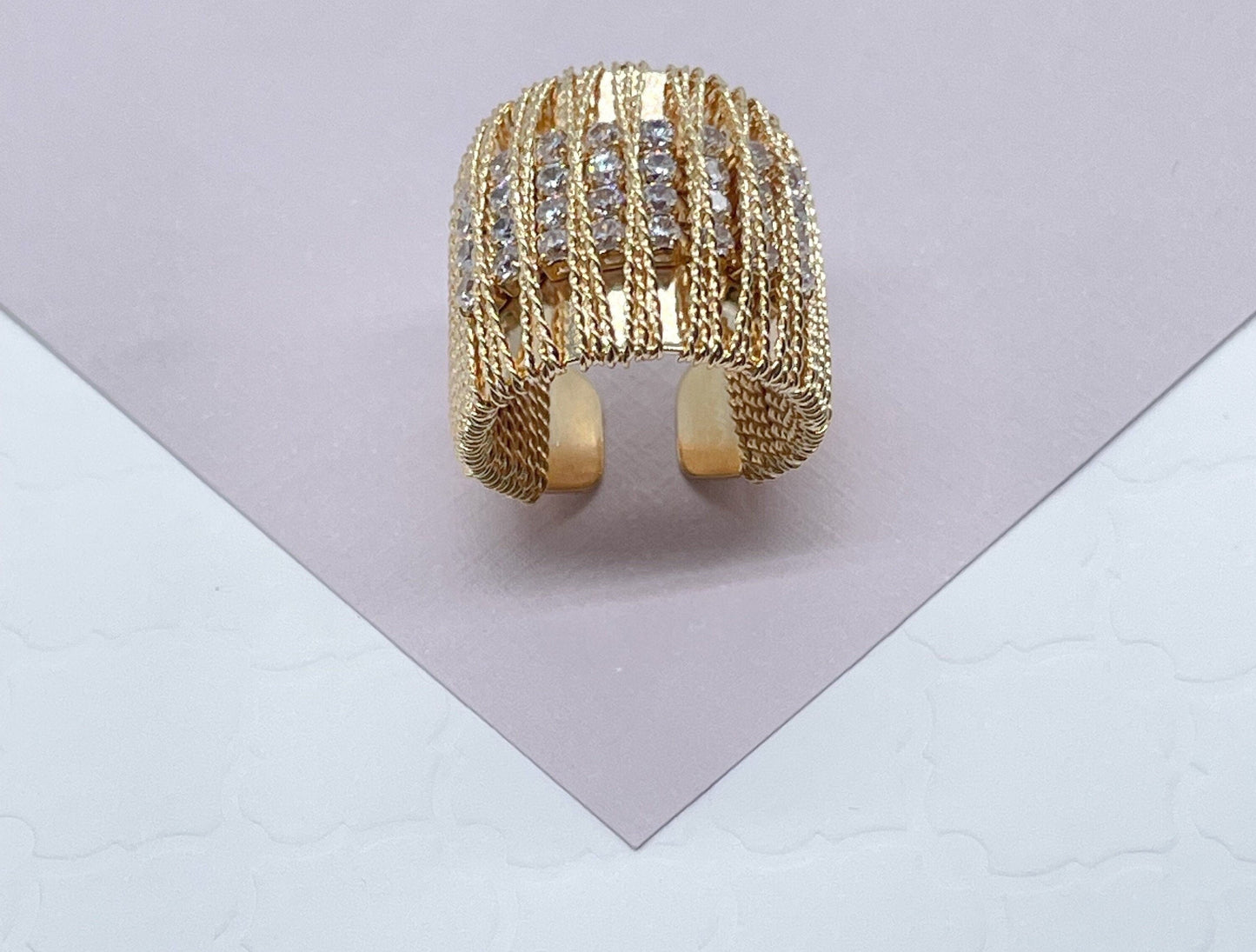 18k Gold Layered Chunky Gold Ring Wrapped In Gold Thread With 8 Rows of Cubic