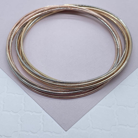 18k Gold Layered Rugged Tri-Colored Stacked Bangles Bracelet, Groove Style