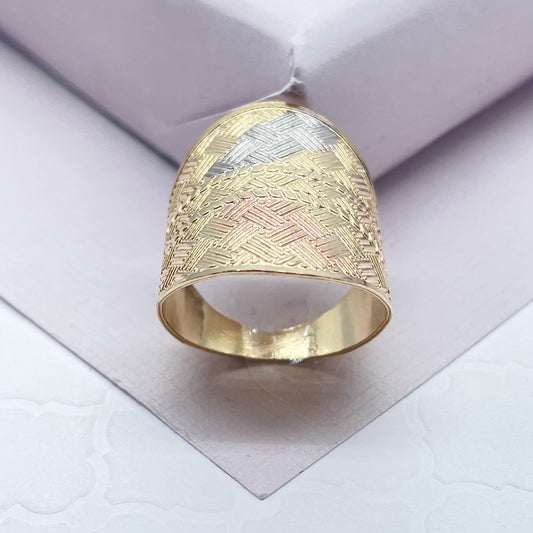 Large 18k Gold Layered Geometric Patterned Tri-Color Ring Wholesale Jewelry