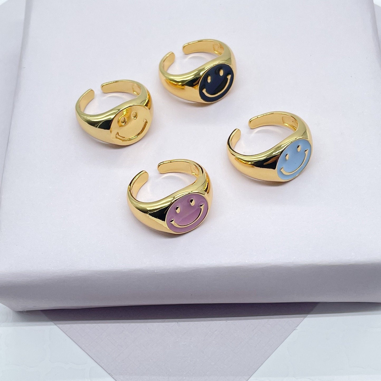 18k Gold Layered Adjustable Smiling Face Rings with Enamel Colors Adjustable