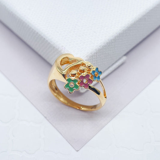 18k Gold Layered Heart Ring With Mini Enamel Flowers Detail Charms Attached