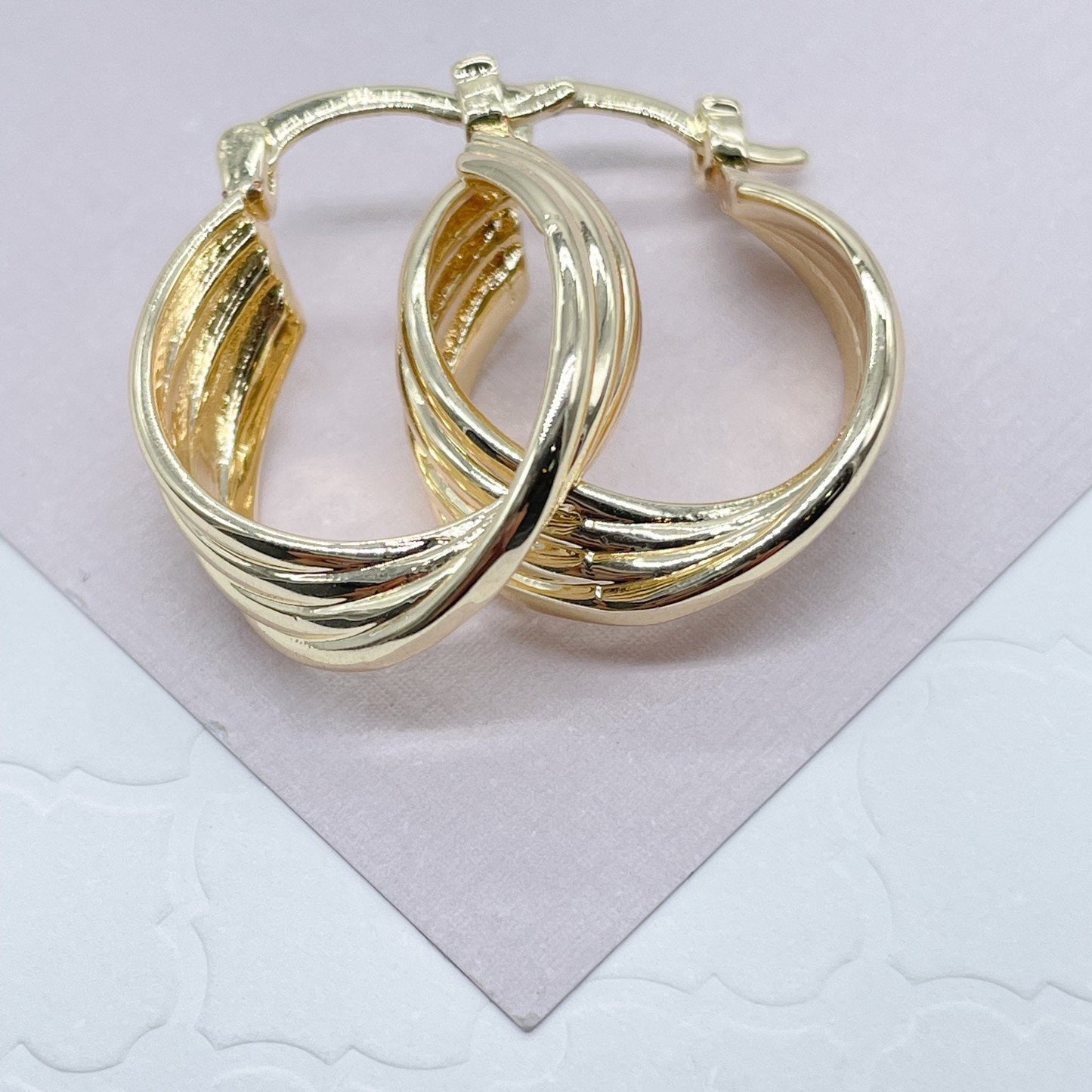 18k Gold Layered Four Layers Twisted 8mm Thick Hoop Earrings, Sizes 20mm, 30mm,