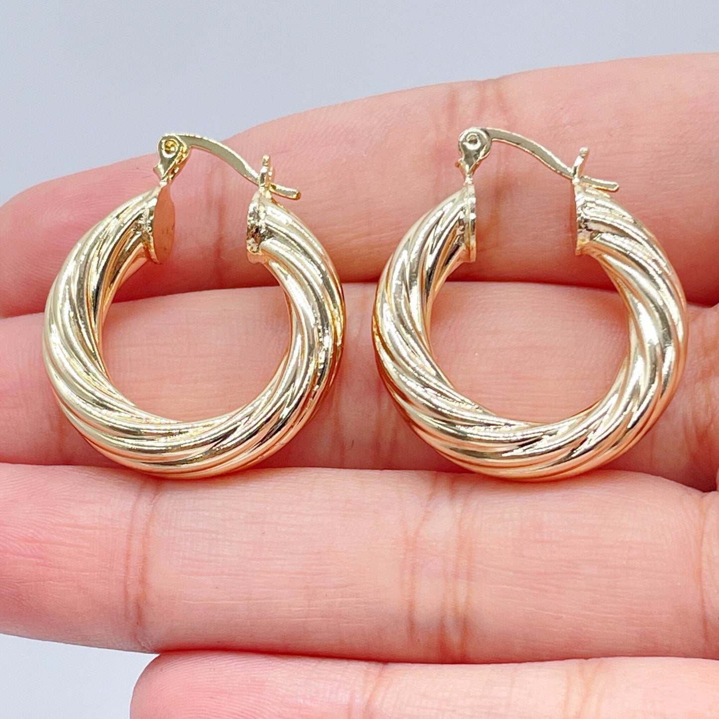 18k Gold Layered Hollow Italian Twist 5mm Thick Hoop Earrings, Gold Shiny Twisted