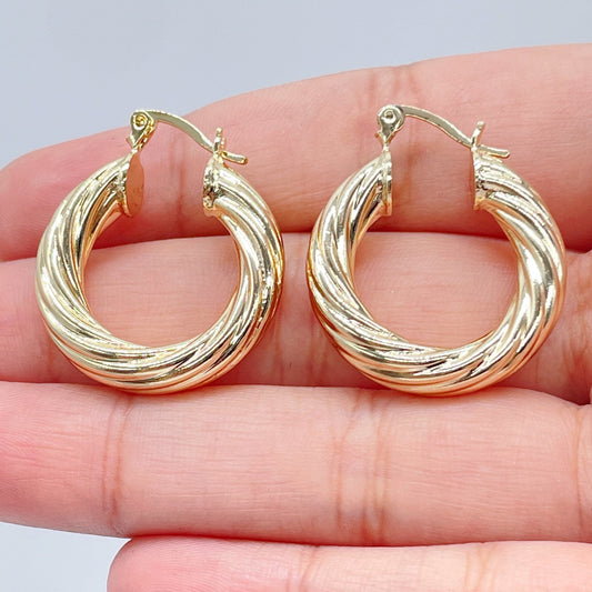 18k Gold Layered Hollow Italian Twist 5mm Thick Hoop Earrings, Gold Shiny Twisted