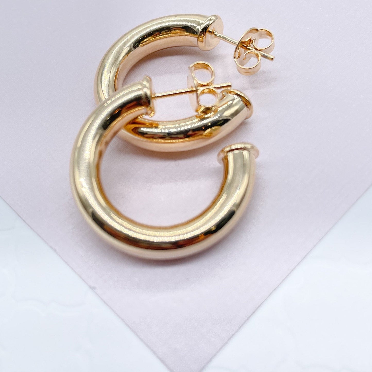 Thick 18k Gold Layered Plain 6mm Open Hoop Earrings