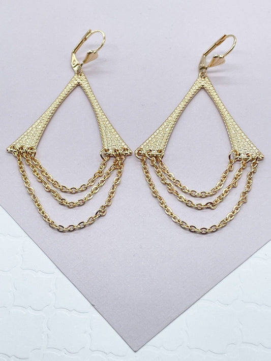 18k Gold Layered Light Chandelier Dangling Earrings Featuring 3 Cable Chain And