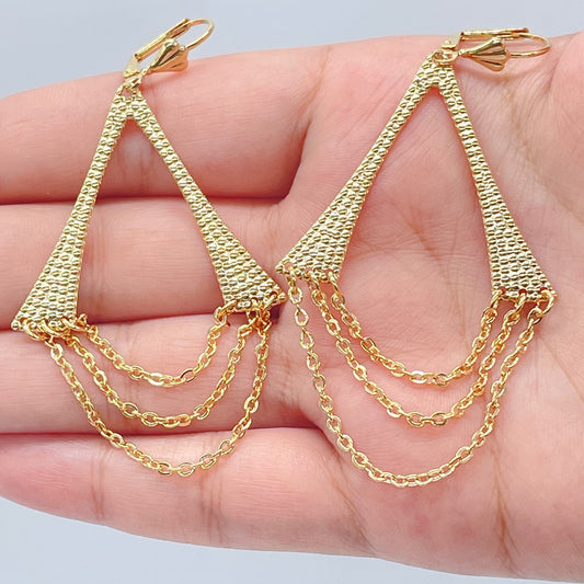 18k Gold Layered Light Chandelier Dangling Earrings Featuring 3 Cable Chain And