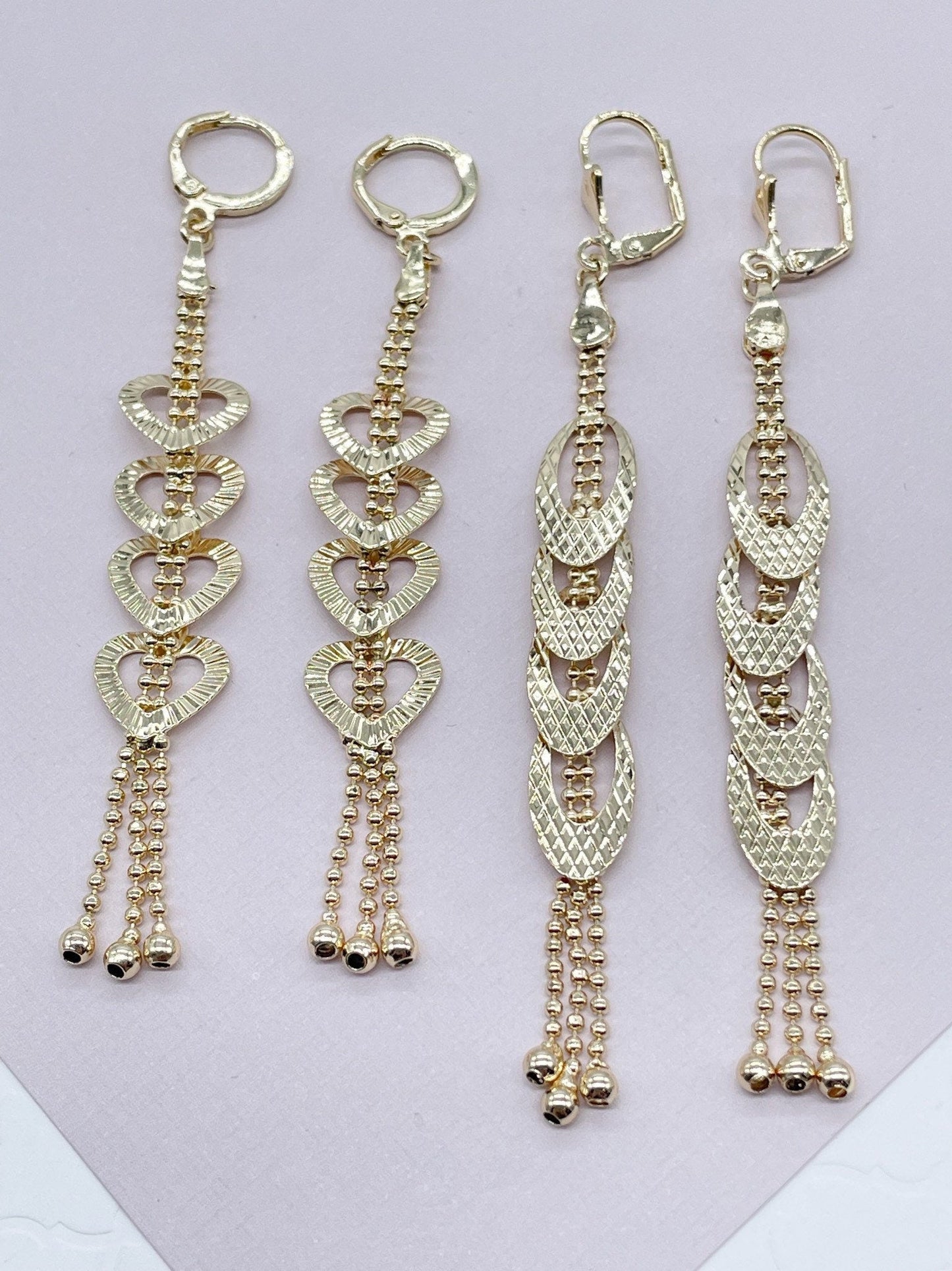 Long 18k Gold Layered Oval or Heart Shape Dangling Earrings Featuring Ball Tips