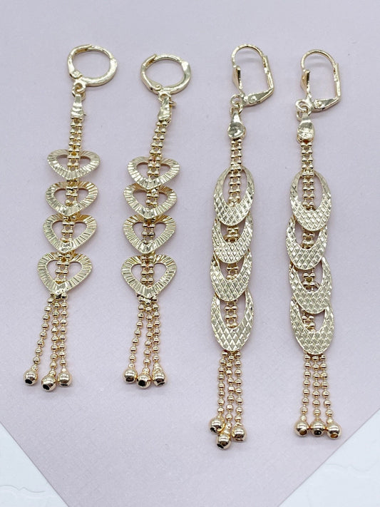Long 18k Gold Filled Oval or Heart Shape Dangling Earrings Featuring Ball Tips