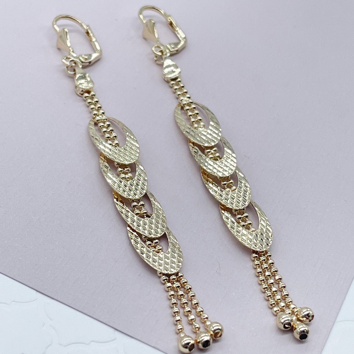 Long 18k Gold Layered Oval or Heart Shape Dangling Earrings Featuring Ball Tips