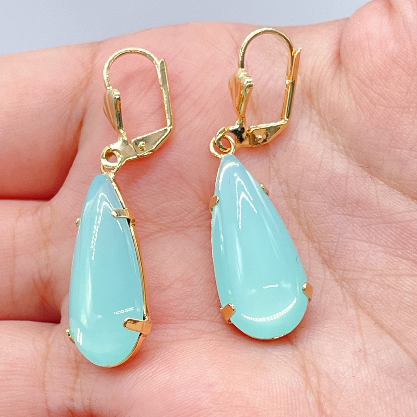 18k Gold Layered Simulated Aqua Blue Drop Earrings, Tear Shape Drop Earrings,
