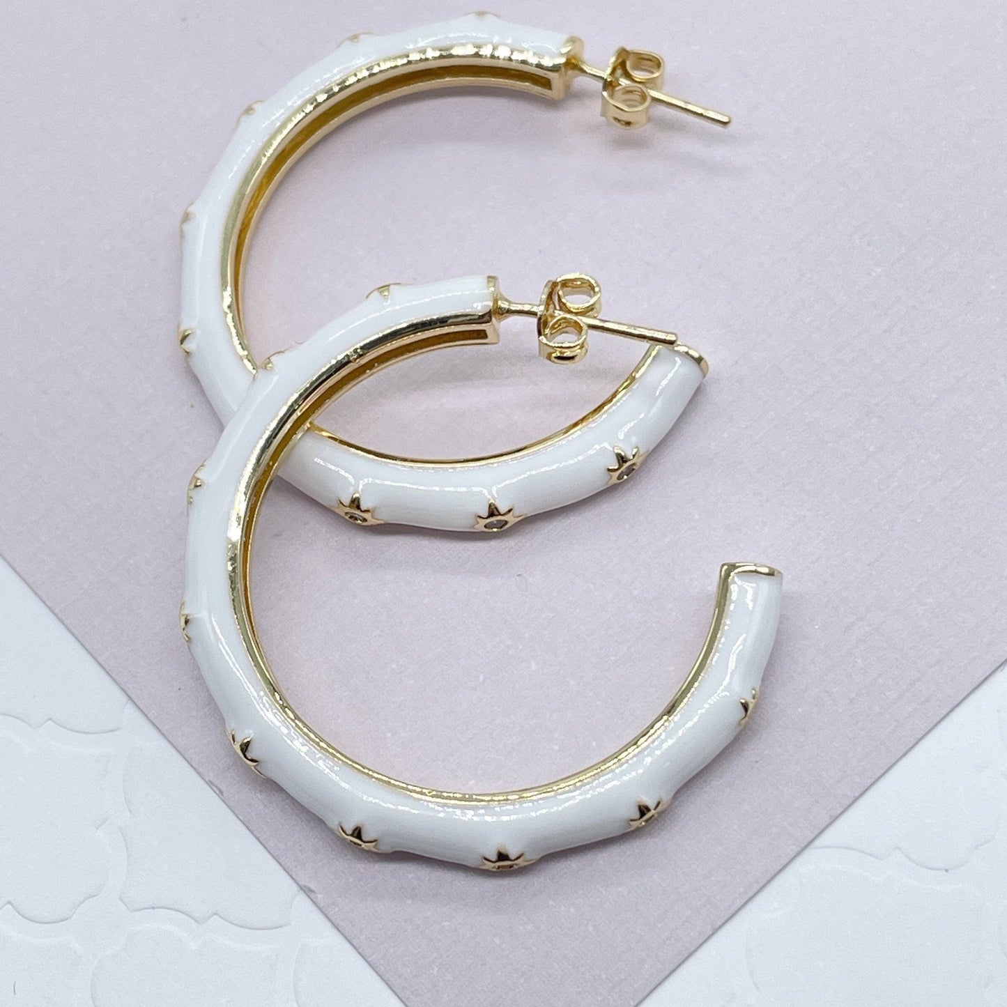 18k Gold Layered Colorful 35mm Hoop, Enamel with Little Stars Details Six