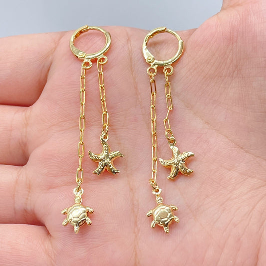 18k Gold Layered Starfish and Turtle Dangling Earrings, Sea Ocean Marine Jewelry,