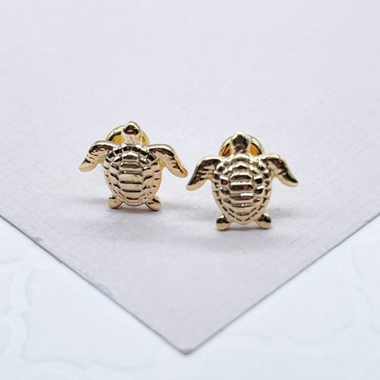 18k Gold Layered Tiny Plain Turtle Dainty Stud Earrings, Sea Animal Ocean