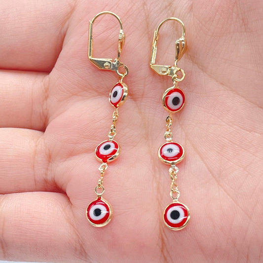 18k Gold Layered Red Evil Eye Dangling Earring, Greek Eye, Turkish Eye, Gold