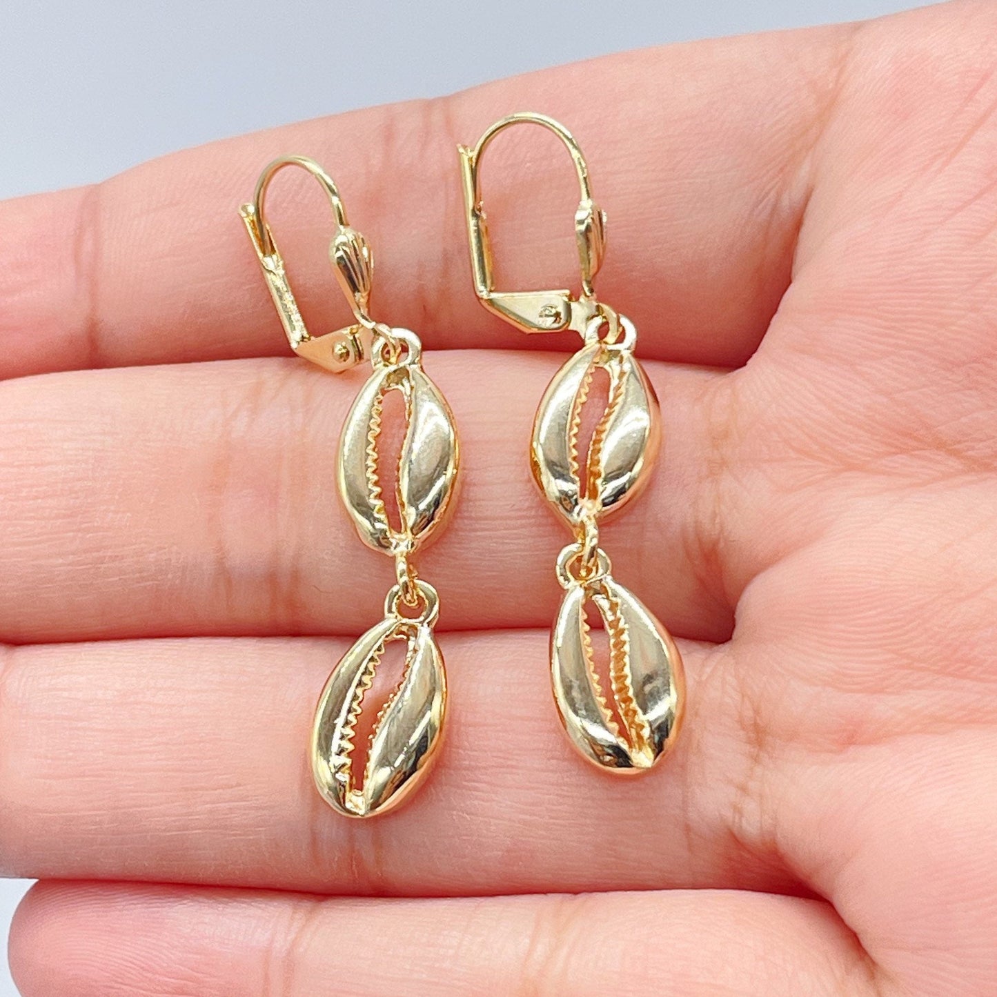 18k Gold Layered Solid Cowrie Shells Dangling Earrings
