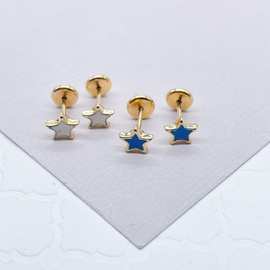 18k Gold Layered Colorful Stars Stud Earring White And Blue Patriotic Jewelry