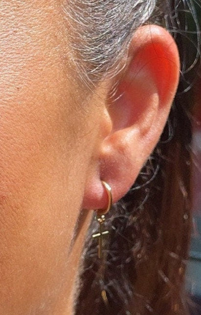 18k Gold Layered Tiny Plain Hanging Cross Hoop Earrings Wholesale Jewelry