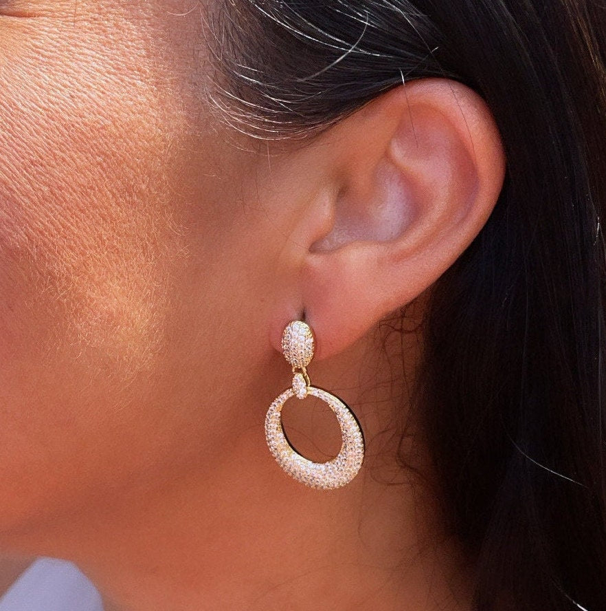 18k Gold Layered Micro Pave Cubic Zirconia Oval Dangling Party Earrings
