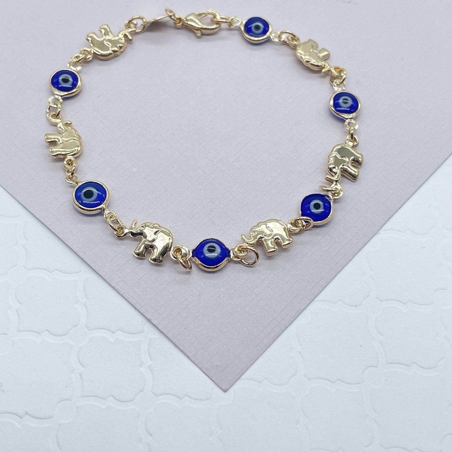 18k Gold Layered Elephant and Evil Eye Bracelet Featuring Red And Blue Evil