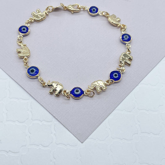 18k Gold Layered Elephant and Evil Eye Bracelet Featuring Red And Blue Evil