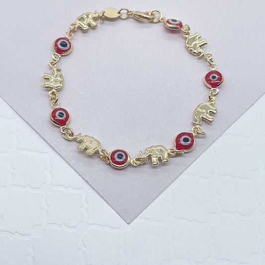 18k Gold Filled Elephant and Evil Eye Bracelet Featuring Red And Blue Evil