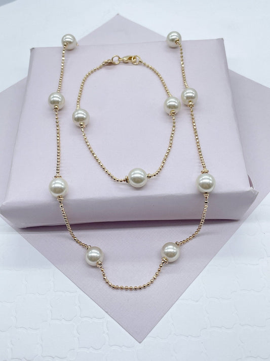 18k Gold Layered Pearl Set with Shinny Ball Chain Available in Necklace or