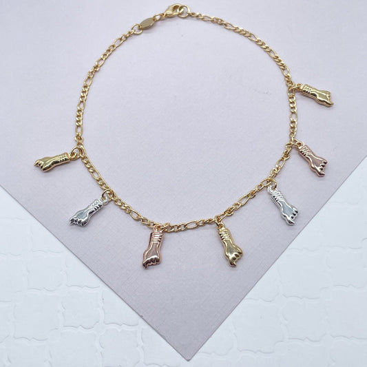 18k Gold Layered Thin Figaro Anklet with Tri-Color "Figa", Silver, Gold And