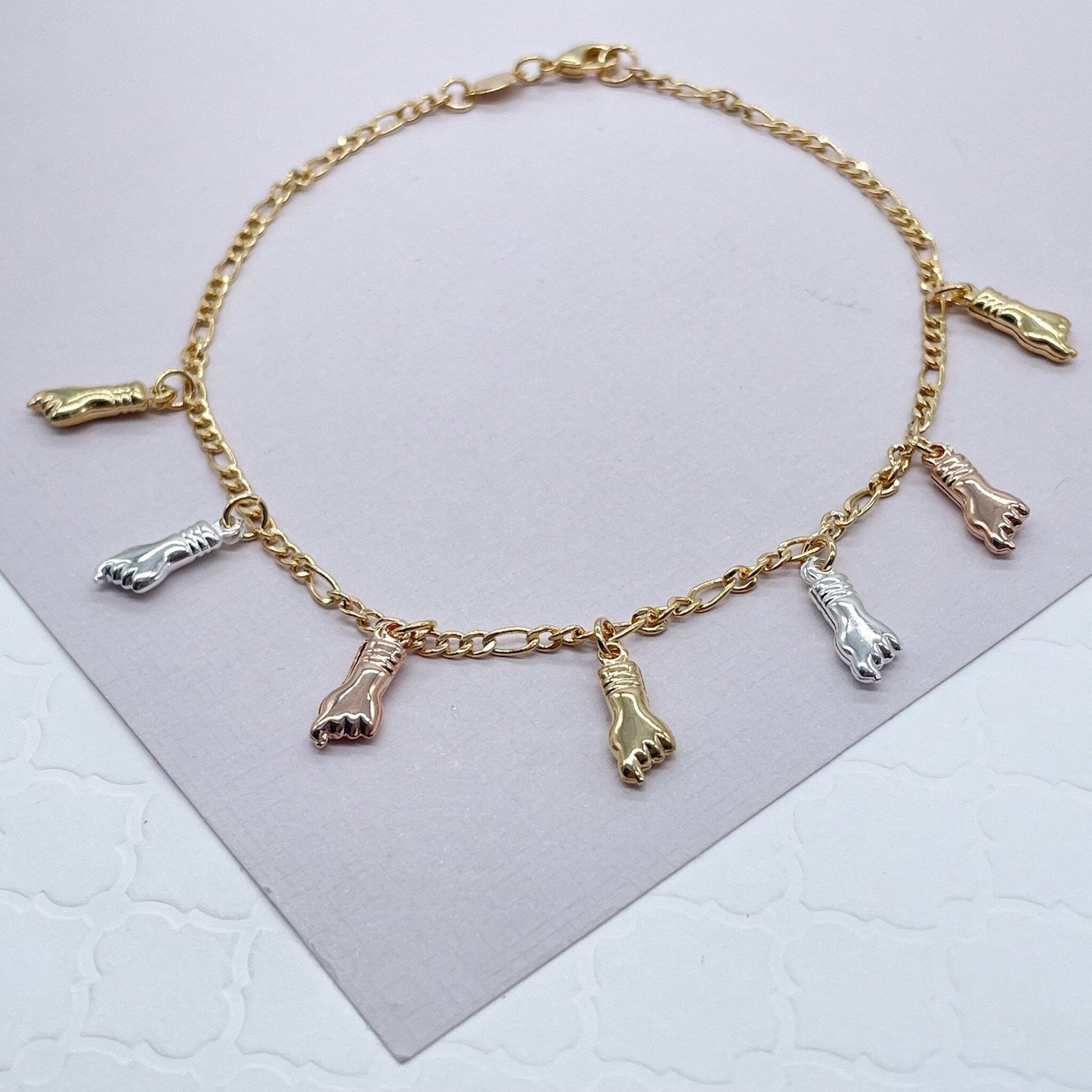 18k Gold Layered Thin Figaro Anklet with Tri-Color "Figa", Silver, Gold And