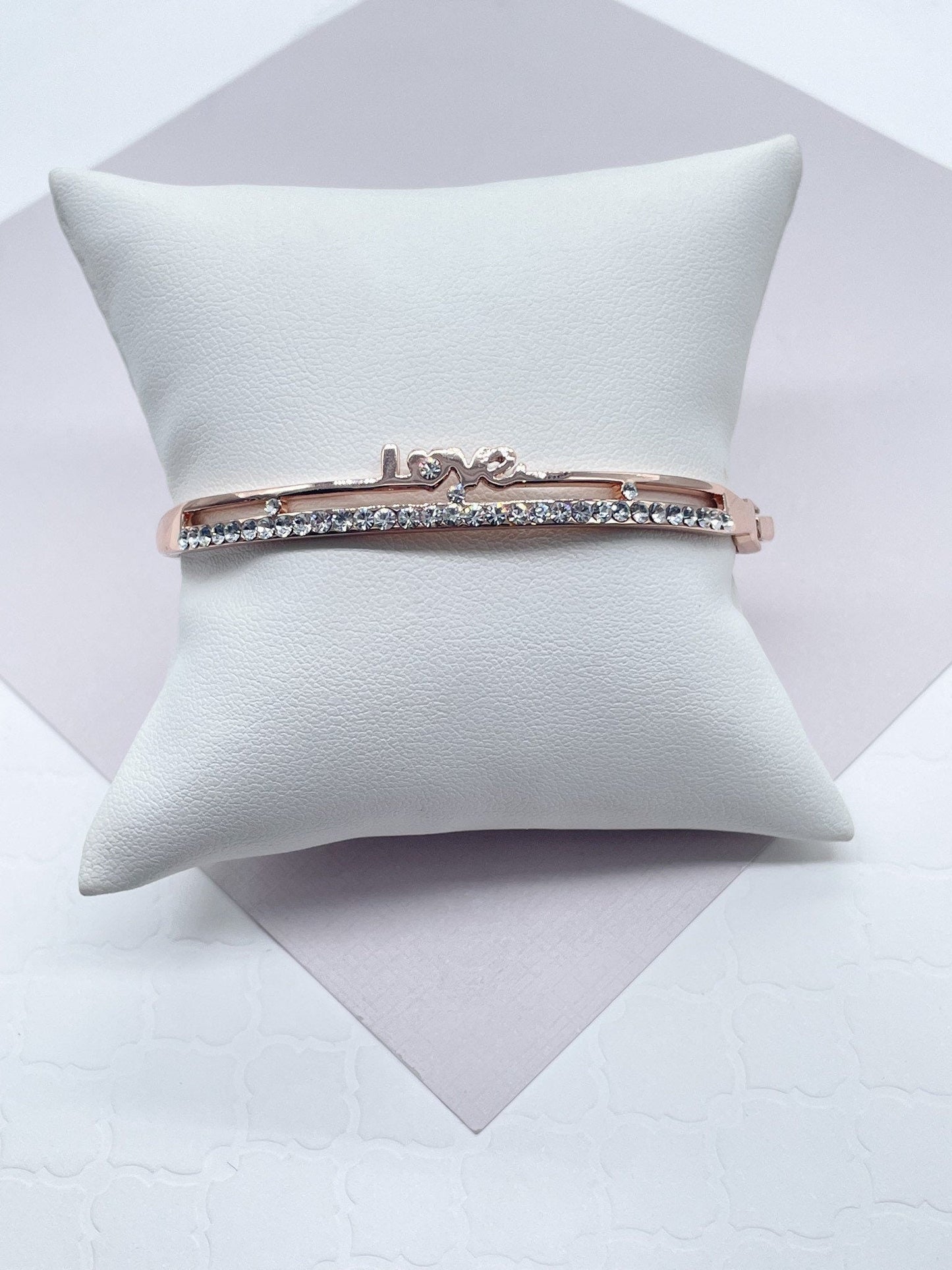 18k Gold Layered Cubic Zirconia Love Bangle Bracelet in Gold, Silver or Rose Gold