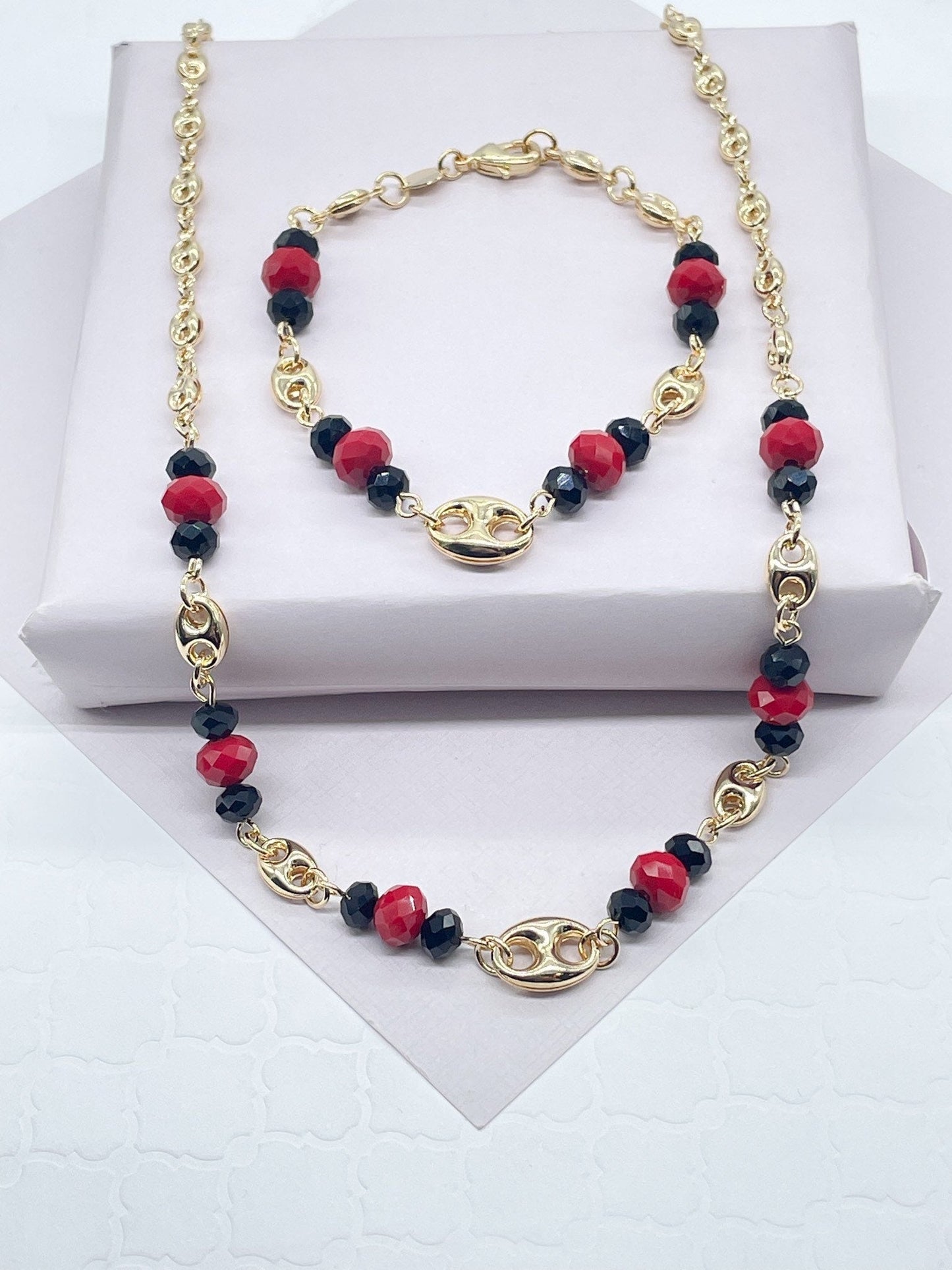 18k Gold Layered Puffy Mariner Link, Simulated Azabache, Red Shiny Bead Set,
