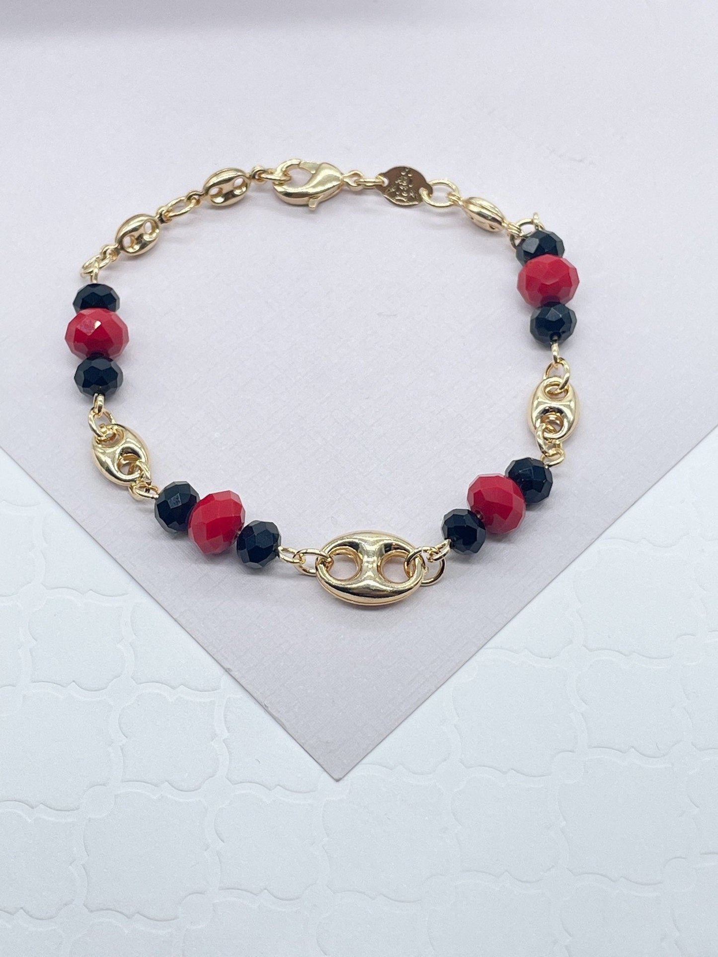 18k Gold Layered Puffy Mariner Link, Simulated Azabache, Red Shiny Bead Set,
