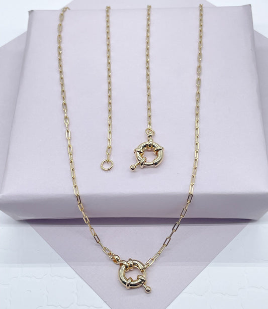18k Gold Layered Dainty Paper Clip Chain Featuring Front Large Spring Clasp,