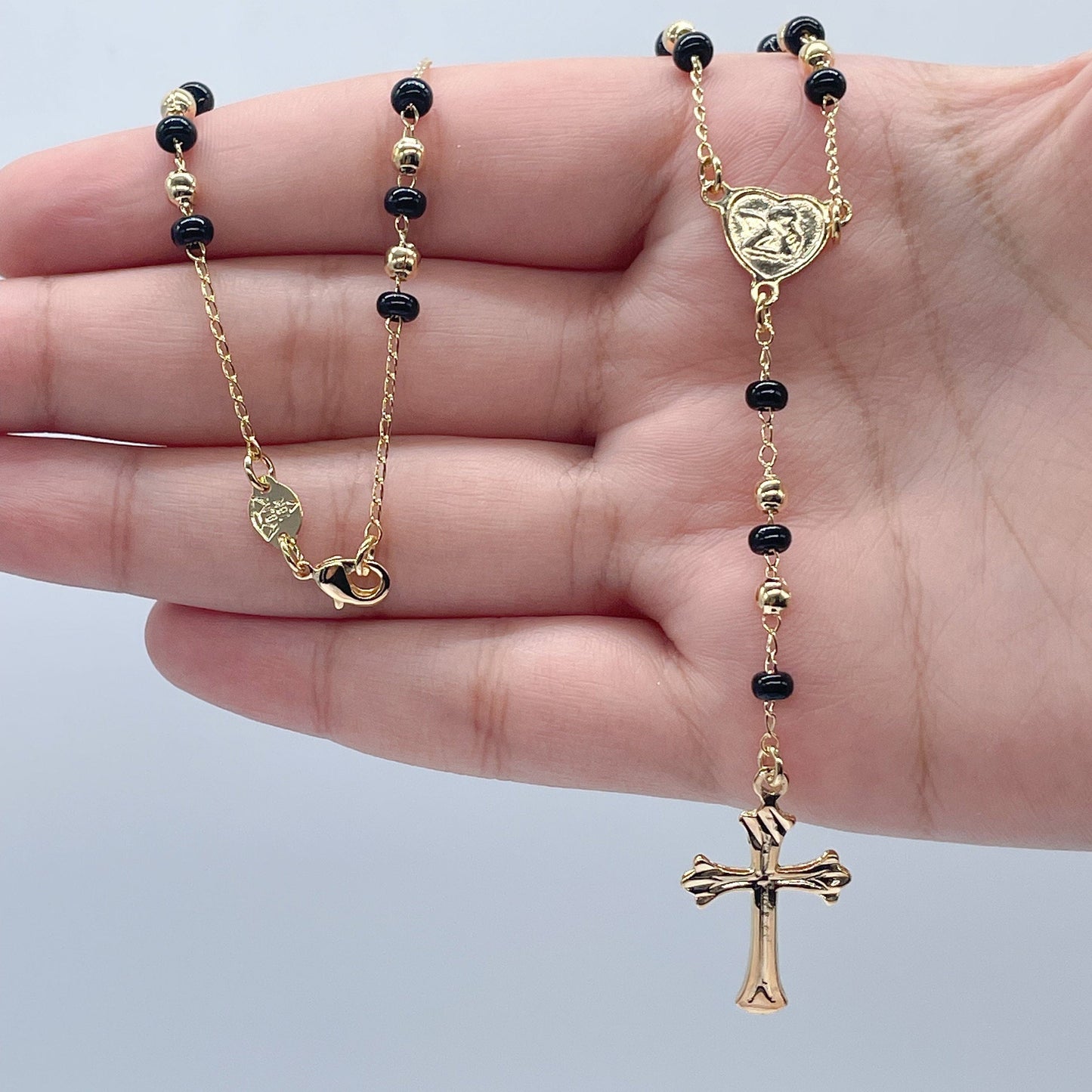 18k Gold Layered Black Beaded Fashion Rosary with Angel and Cross, Trendy