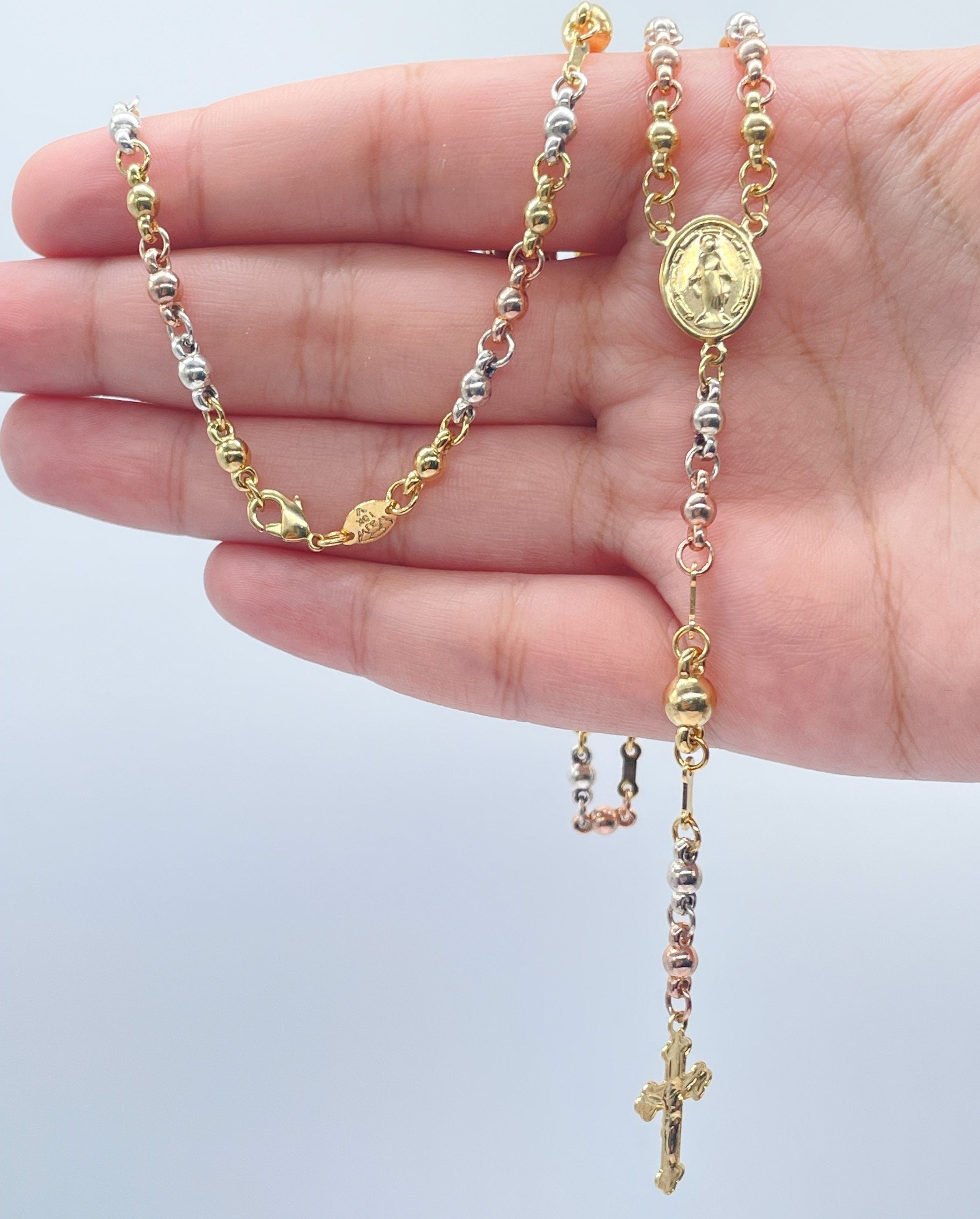 14K Yellow, White, or Tri-Color Gold 2.5mm Rosary Necklace 18 Inches |  Sarraf.com