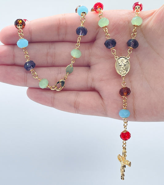 18k Gold Layered Colorful Glass Ball Rosary Necklace with Baby Jesus and Cross,