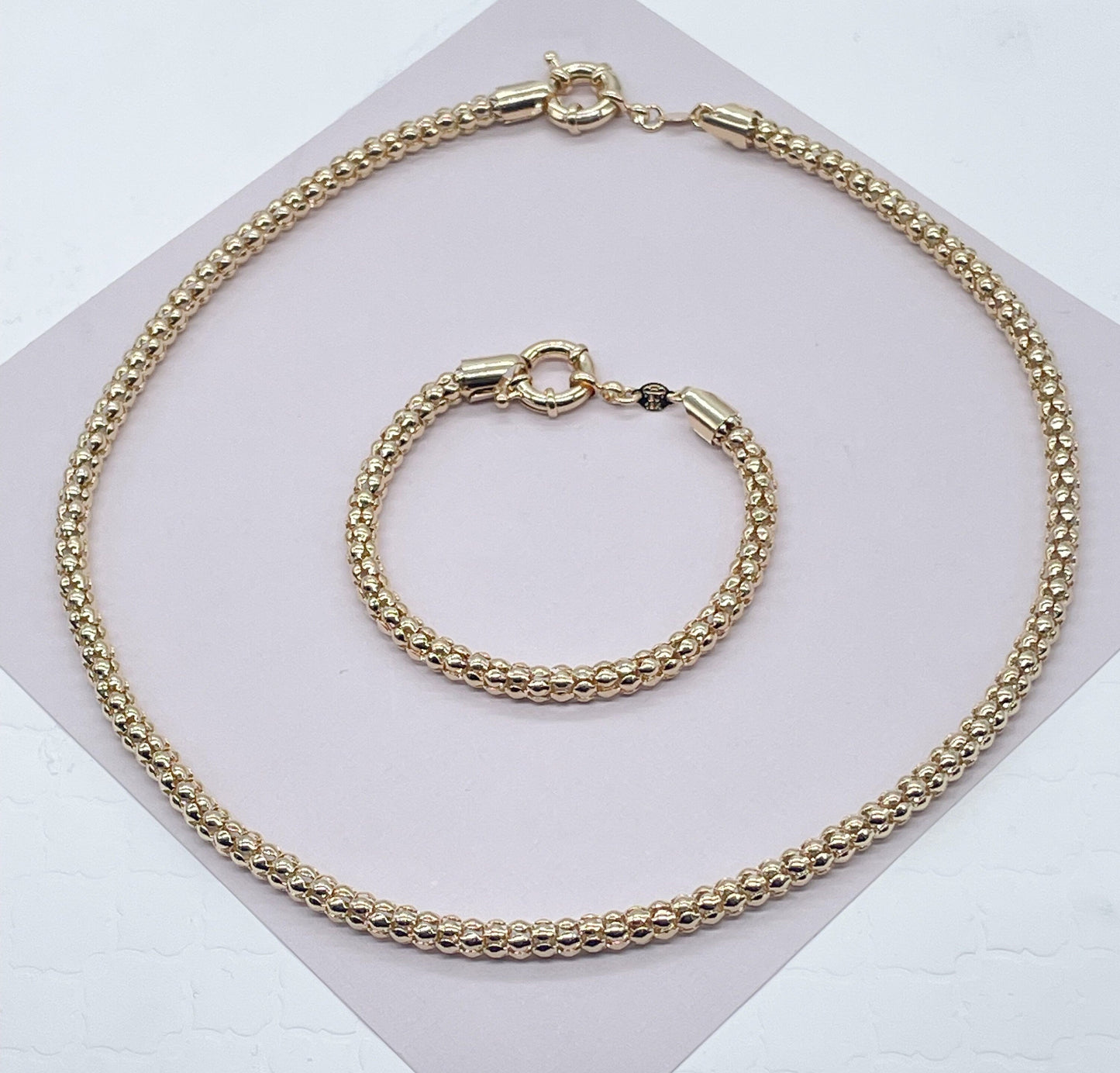 Gorgeous Unique 18K Gold Layered Wheat Link Tube Set Featuring Large Ring Clasp