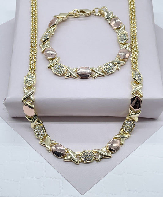 Intricate 18k Gold Layered XOXO Set Featuring Intercalated Cubic Zirconia Link